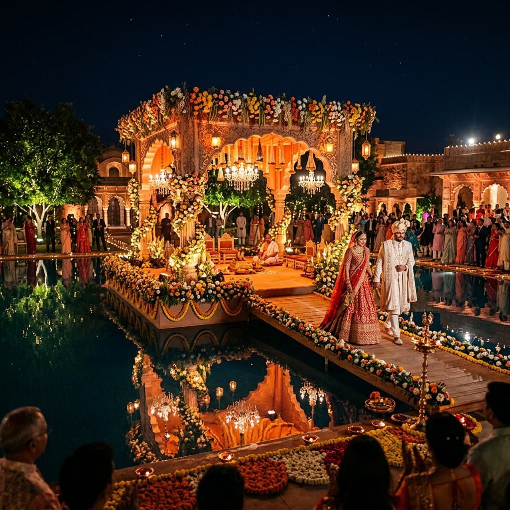 A luxurious floating platform over a pool for a romantic Varmala entrance
