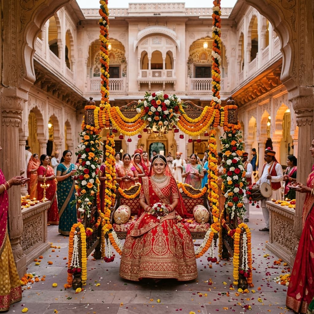 Bride arriving on a beautiful floral swing (Phool Jhoola) at a Jaipur palace courtyard