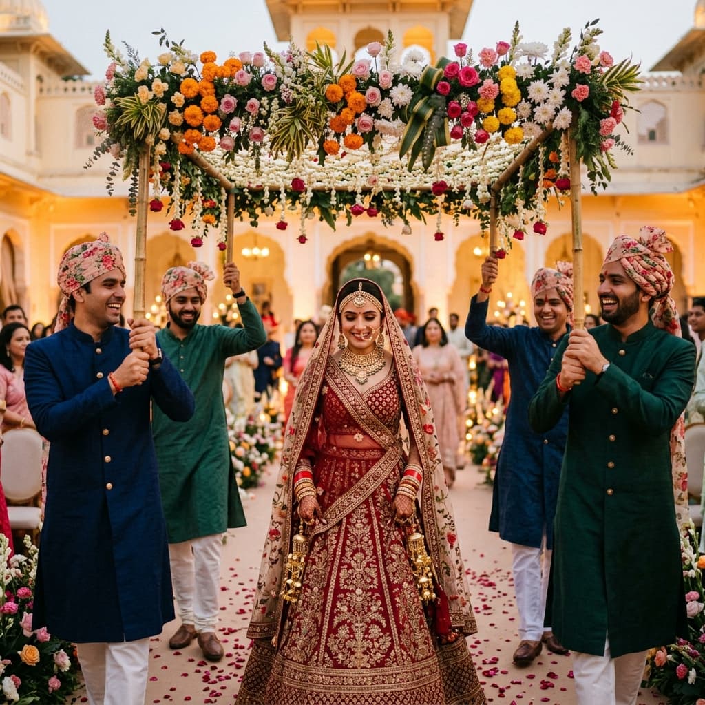 Bride walking under an elegant canopy of fresh flowers (Phoolon Ki Chaadar)