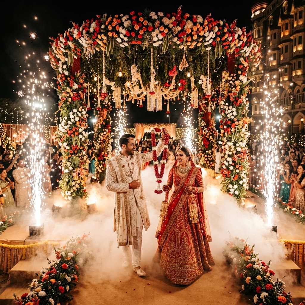 High-energy grand Varmala entry on an outdoor stage framed by cold pyrotechnics and smoke