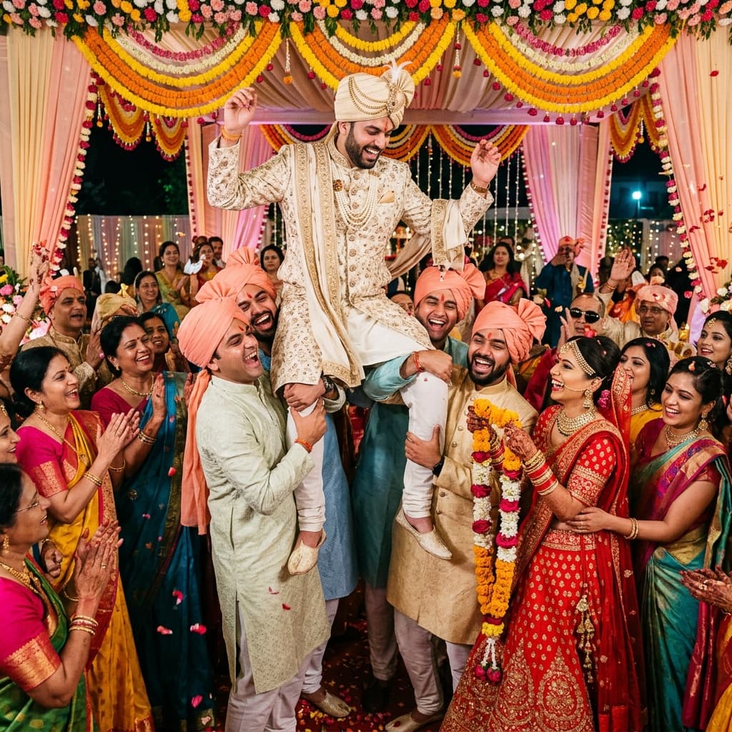 Joyful groom playfully lifted on the shoulders of his friends during the Varmala garland exchange