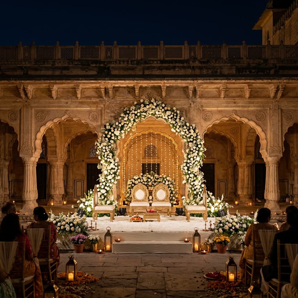 A stunning minimal floral Varmala stage backdrop framing traditional Rajasthani arches