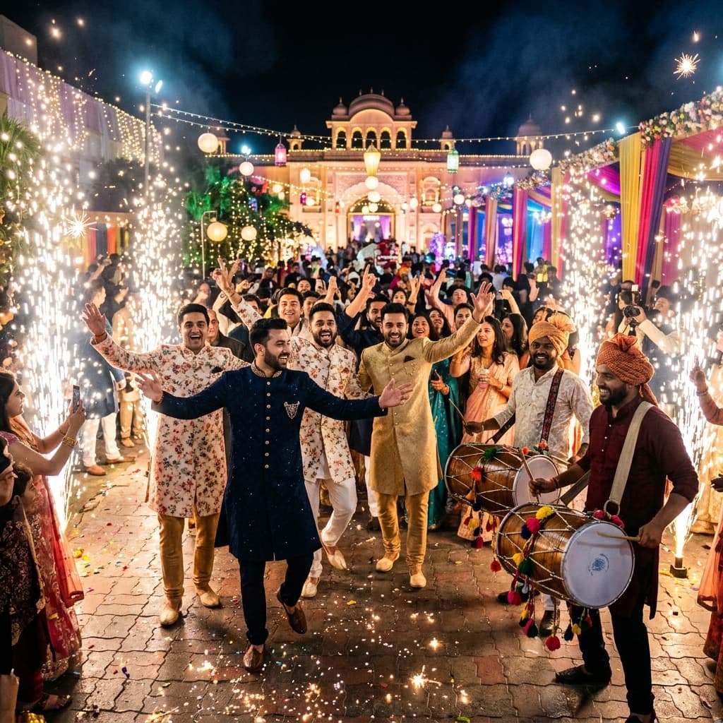 A high-energy modern Indian wedding baraat with dhol players and cold pyrotechnics