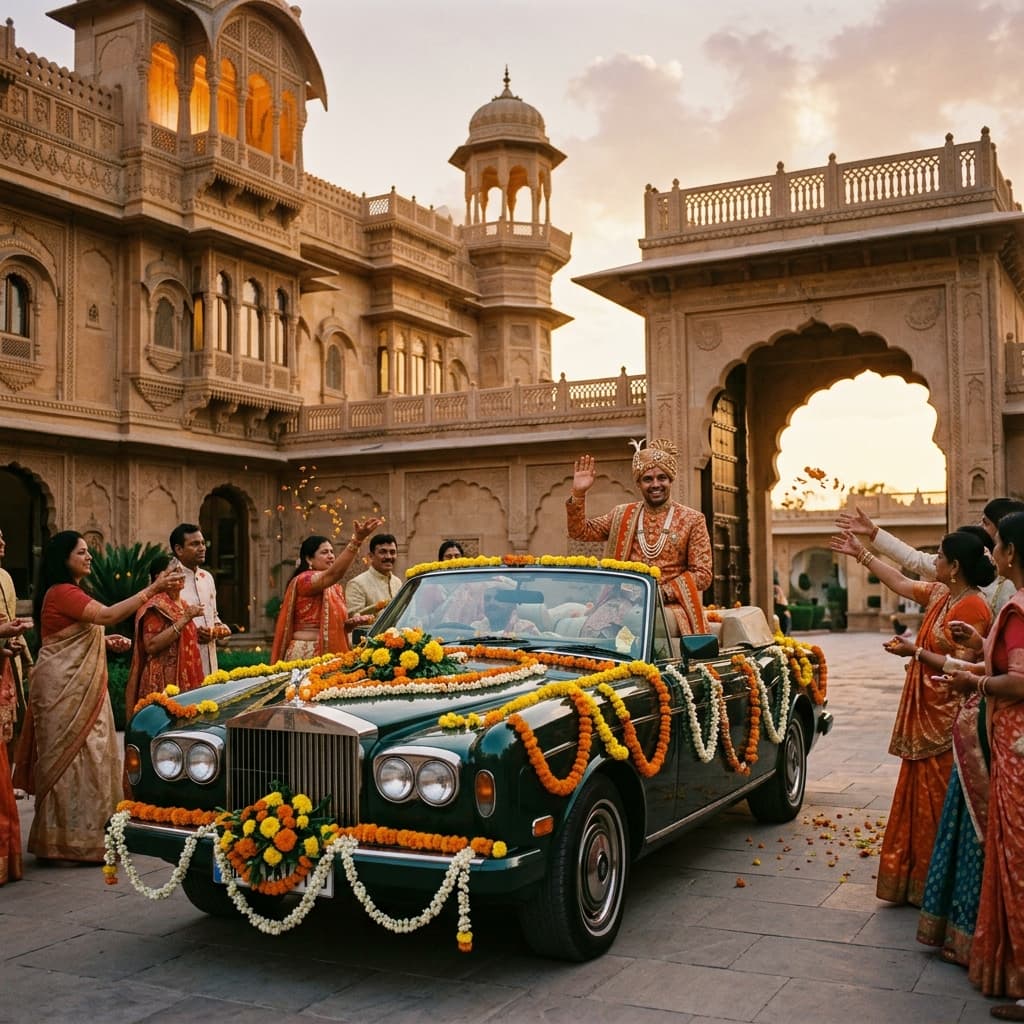 A royal groom arriving in a classic vintage convertible car at a heritage Rajasthani haveli